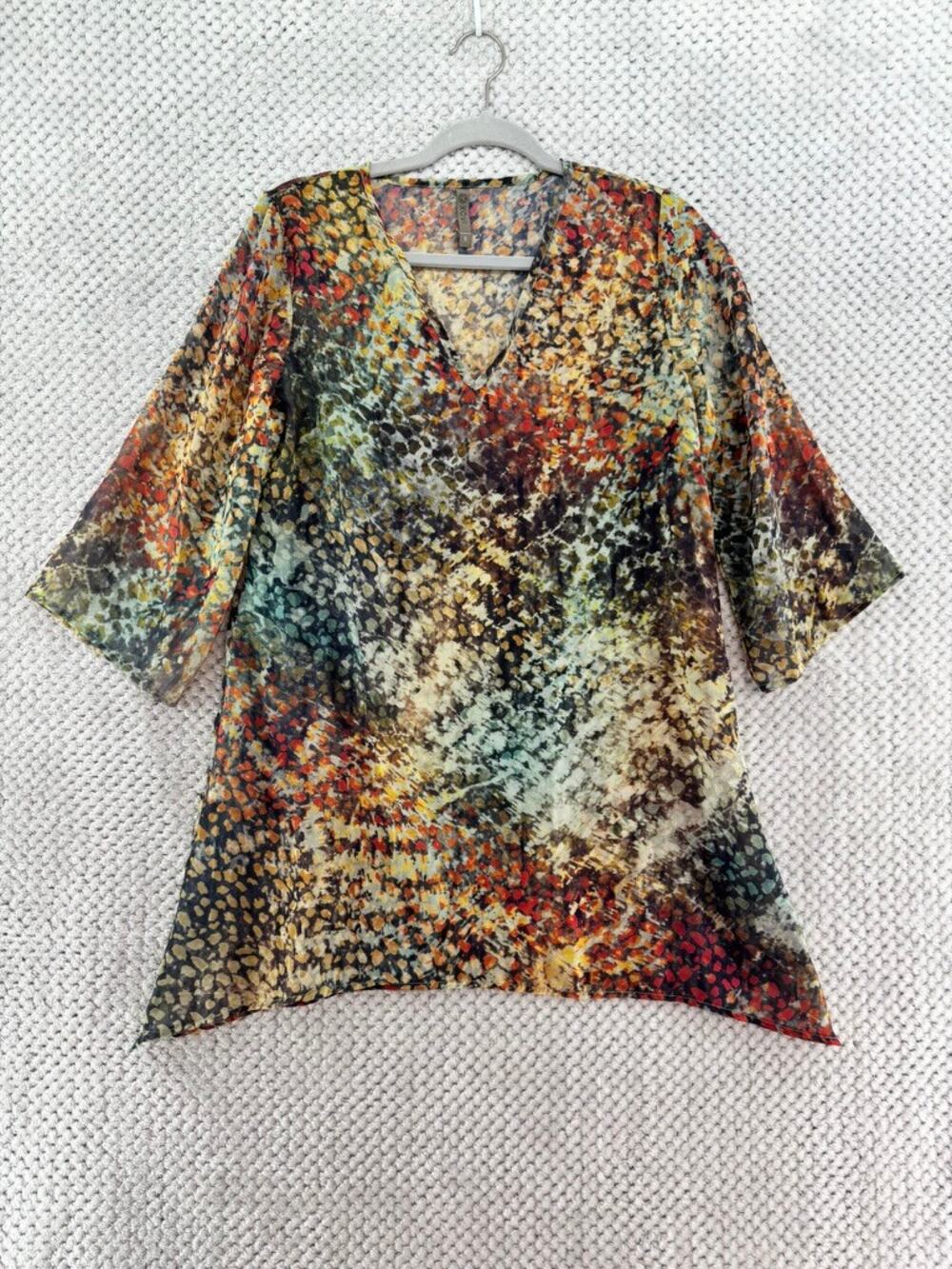 XCVI Tunic Top Womens S Orange Animal Print Sheer Shark Bite Hem V-Neck